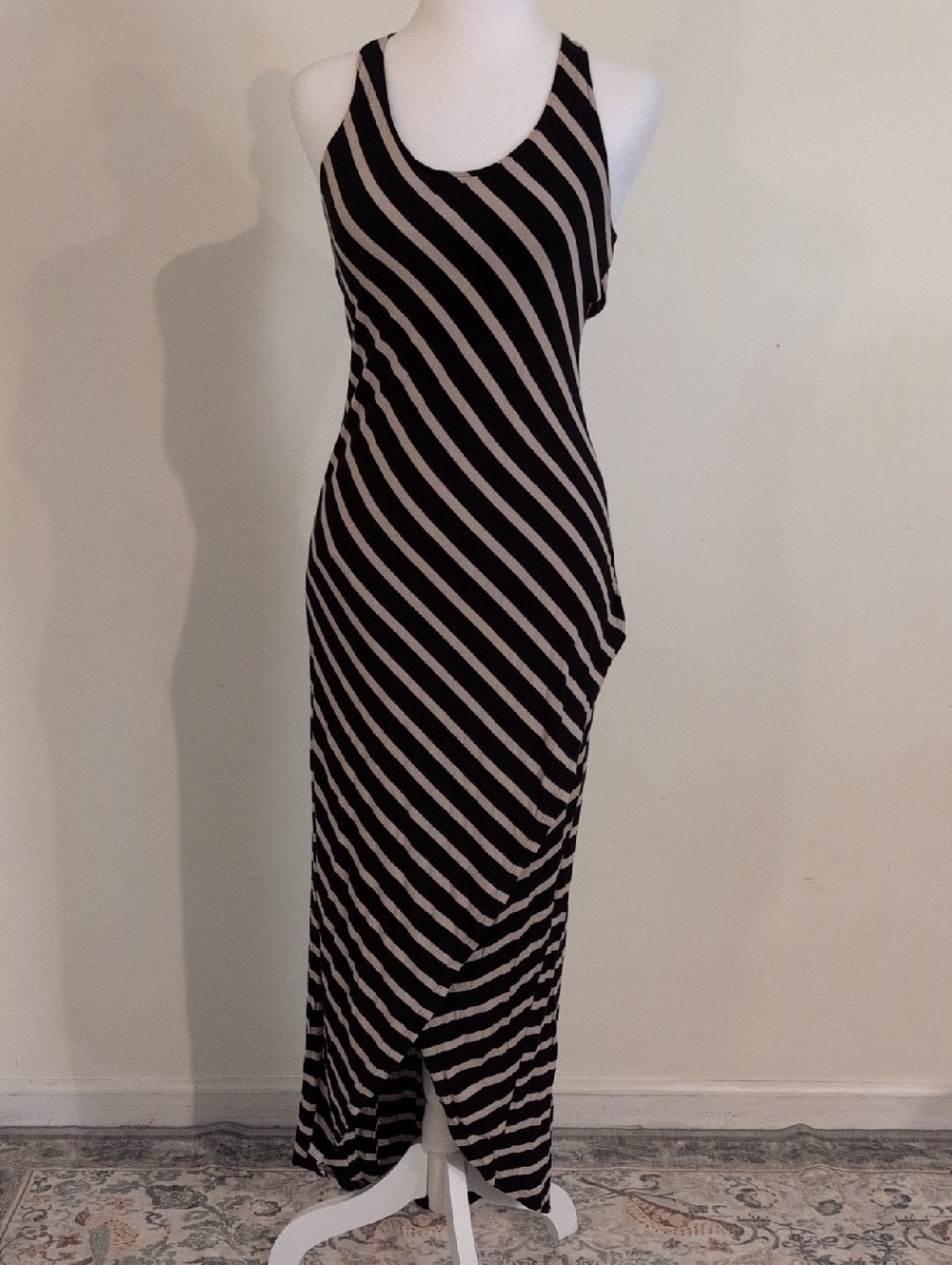 Striped Black and Cream Backless Hi Low Dress
